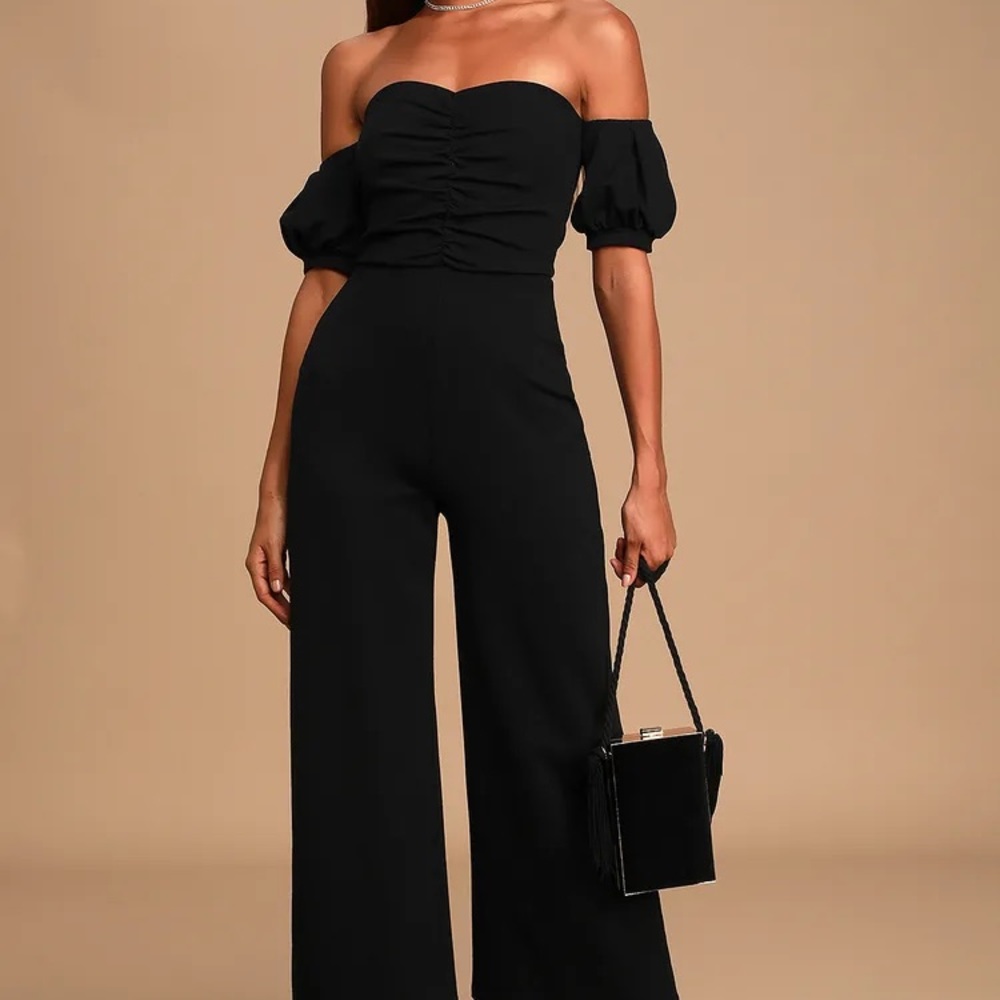 Lulus Impress Release Black Off-The-Shoulder Puff Sleeve Jumpsuit